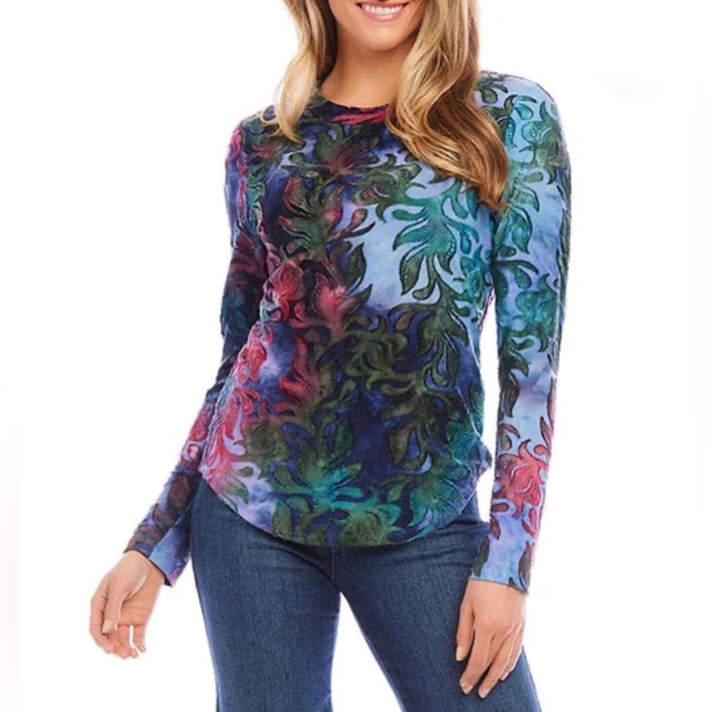 Karen Kane Knit Burnout Long Sleeve Crew Neck Tie Dye Top Art To Wear Size XL